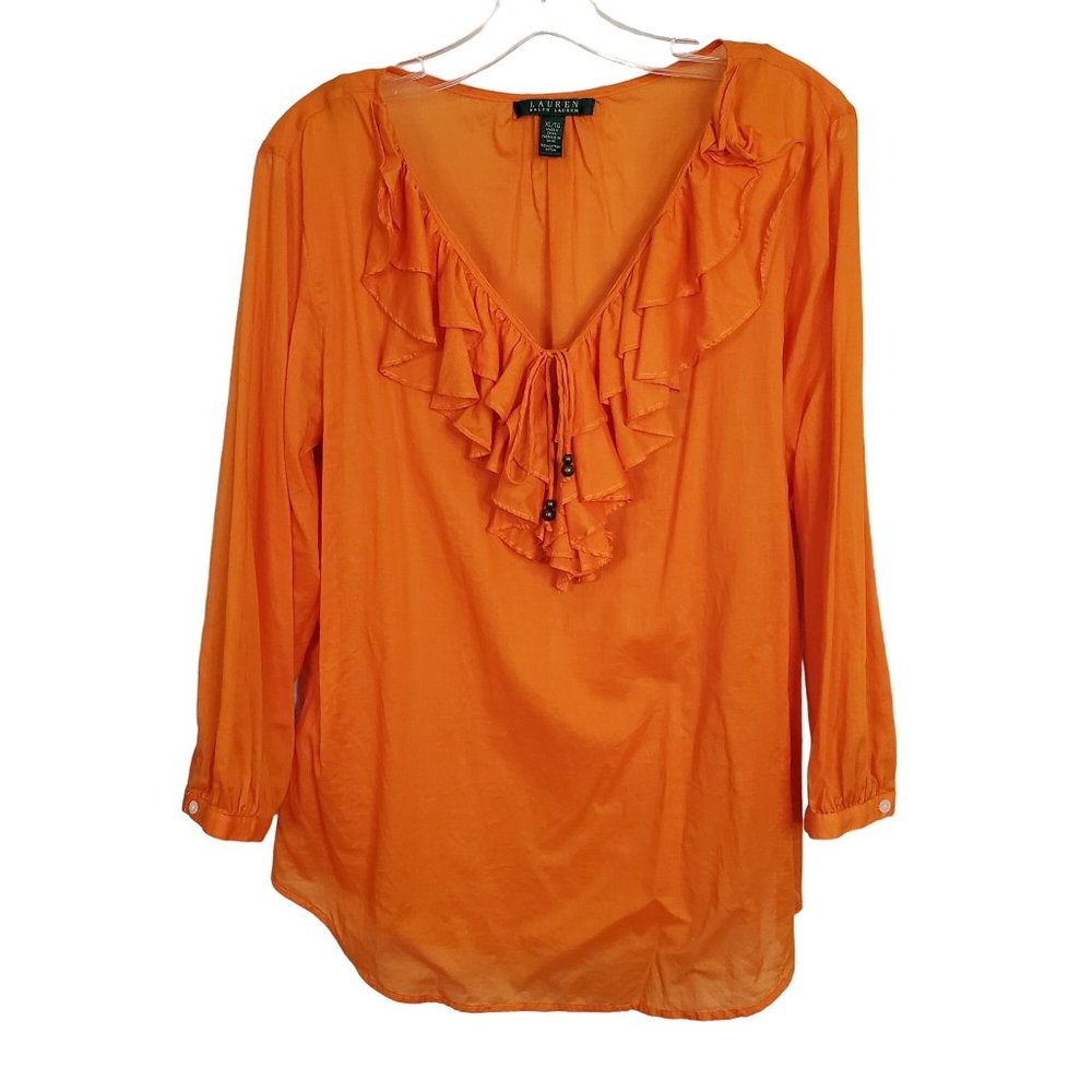 LRL Ralph Lauren Size XL Pullover Cotton V-neck Ruffle Bead Tie Puff Sleeve - Picture 2 of 8